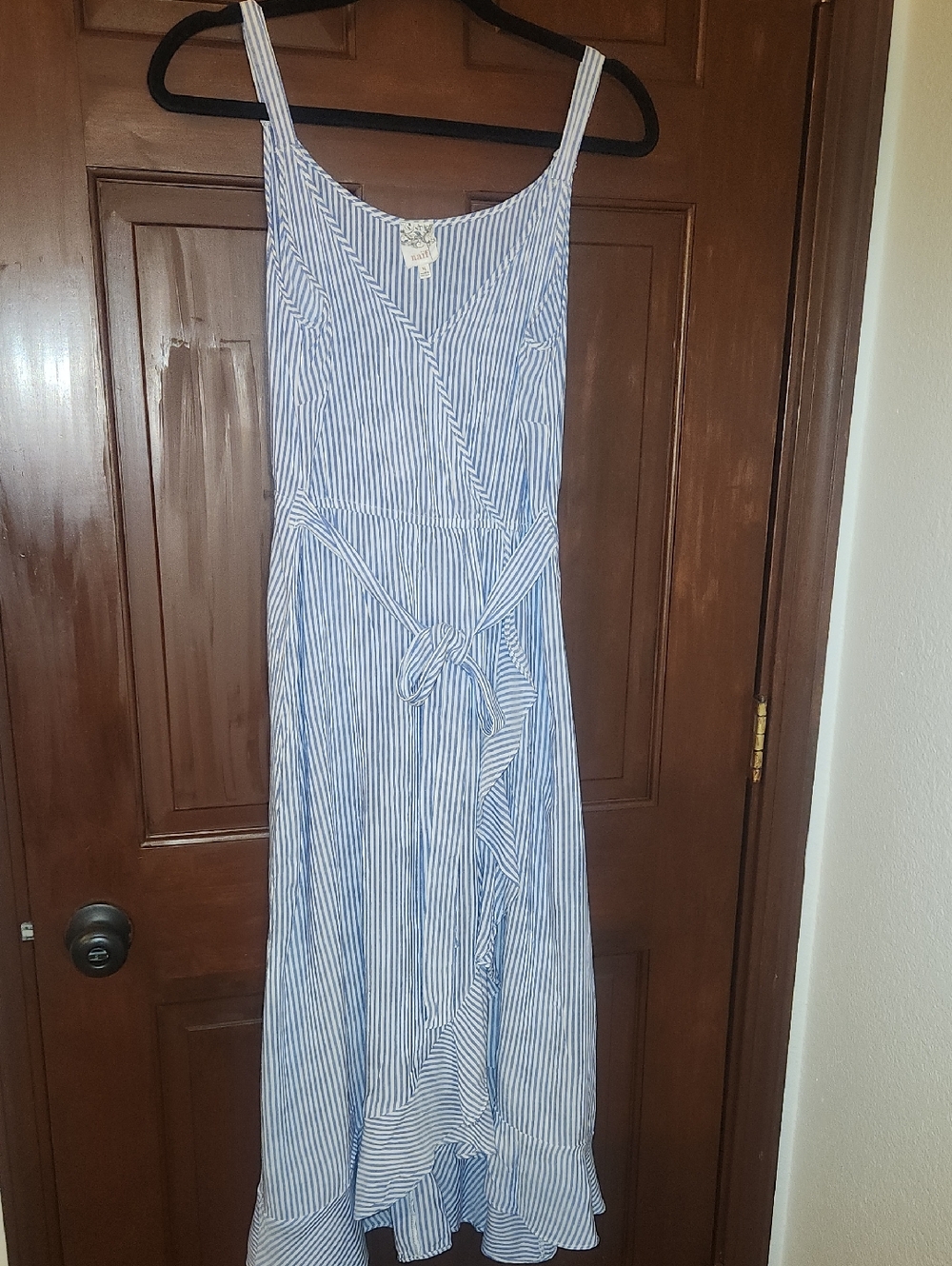 NAif ANTHROPOLOGY Blue and White Striped Tie-Waist Sundress